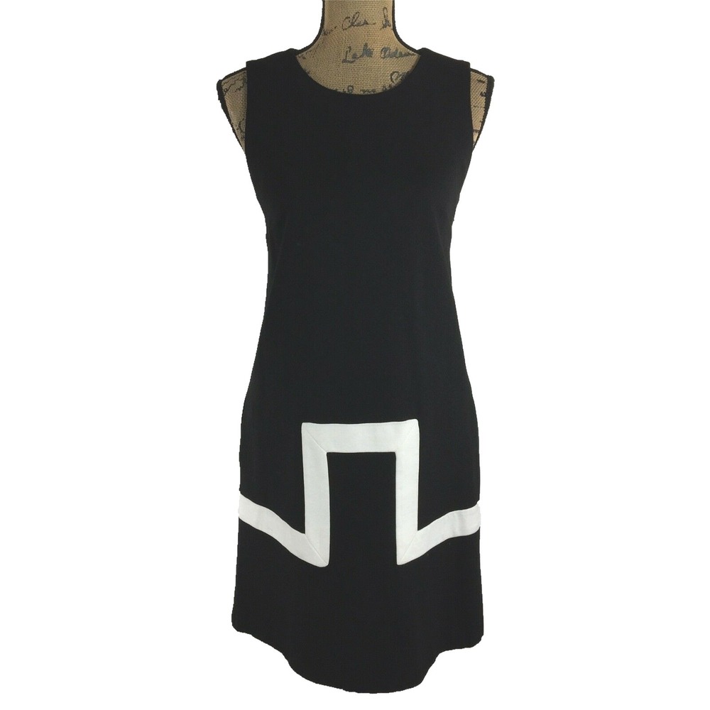 WD.NY Dress 4‎ White Black Mod Stripe Shift Lined Stretch Sleeveless Pockets